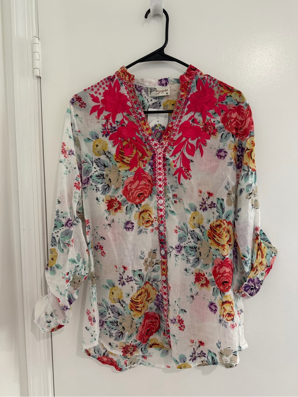 Tropical Floral Embroidered Tunic Top Medium Boho Cottagecore Artsy Blouse